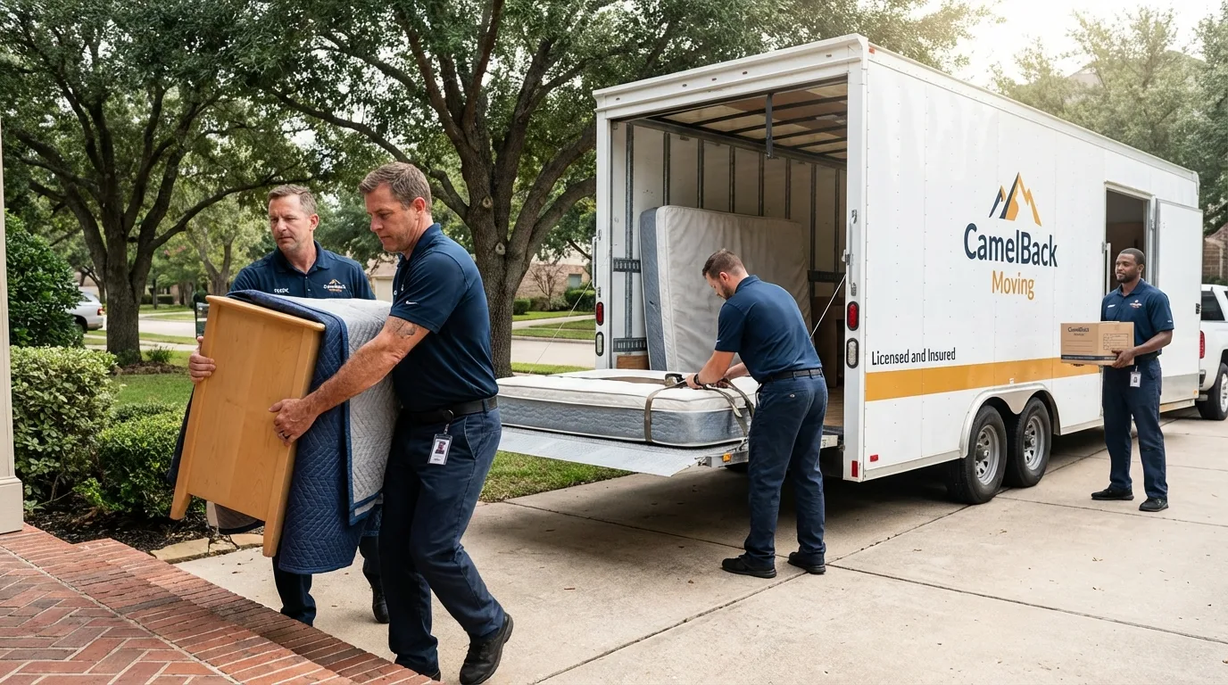Crew loading residential truck for cross-state move from Merkel, TX