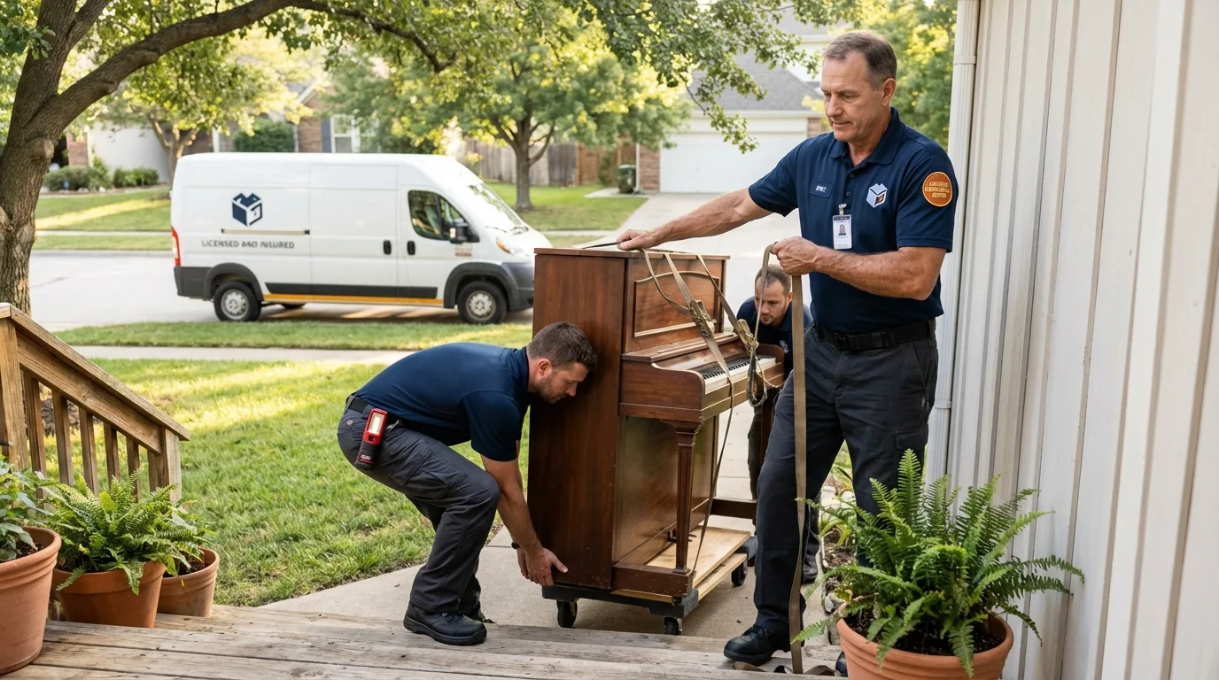 Licensed piano movers securing grand piano in Merkel, TX
