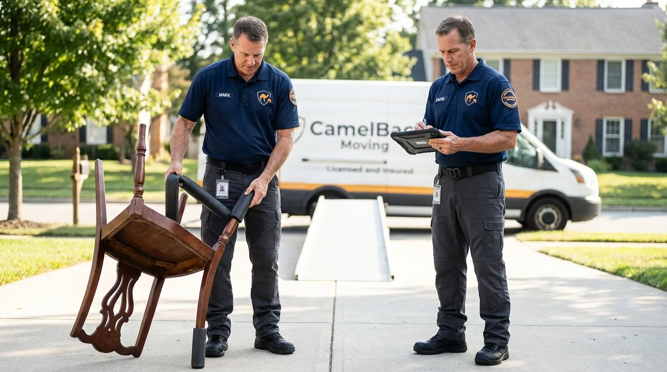 Movers inspecting furniture for damage prevention before loading in Merkel, TX