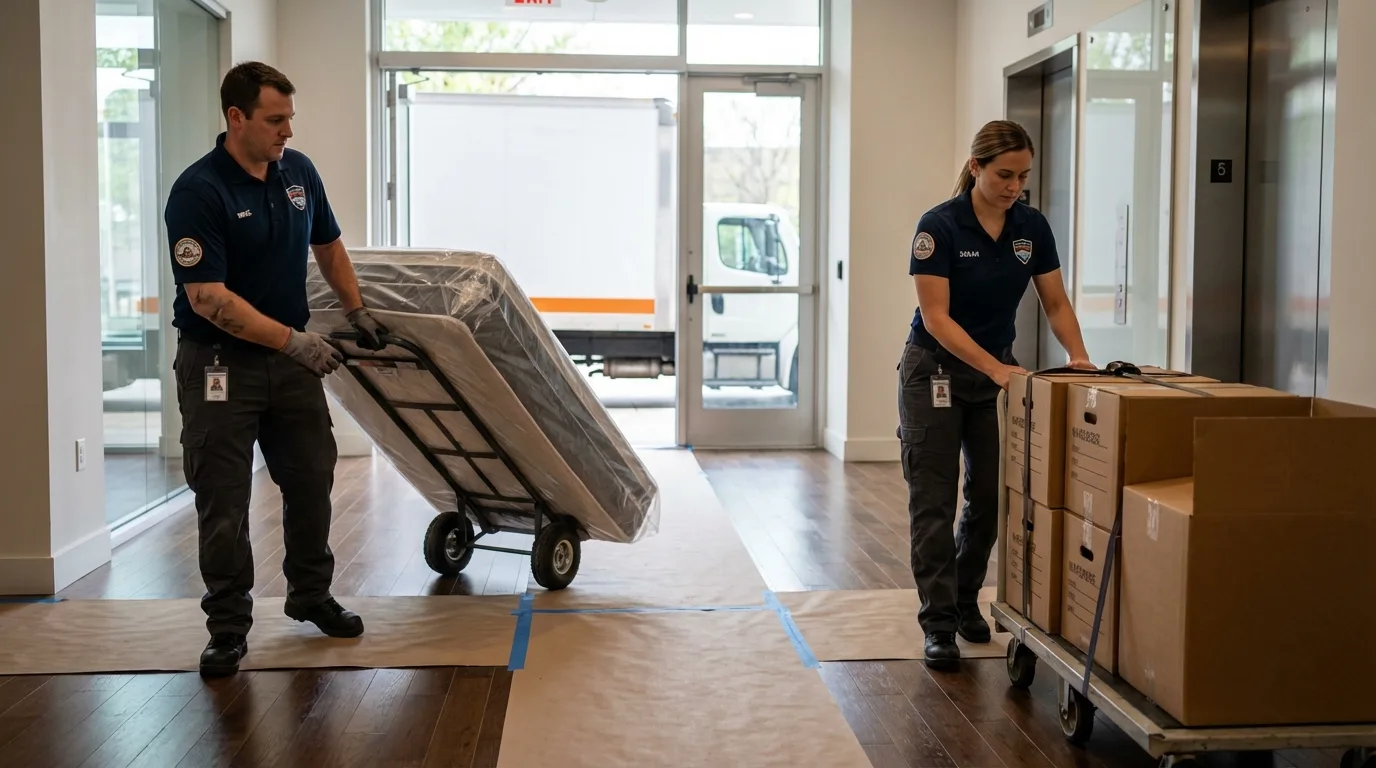 Professional apartment movers loading elevator in Merkel, TX